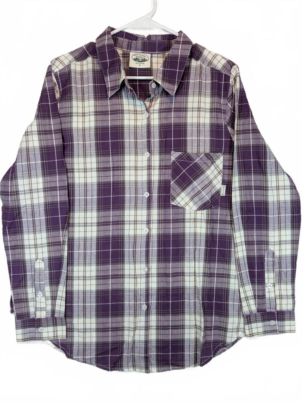 Woodland Creek Plaid Button Down Shirt Purple Cotton Casual Mens Medium